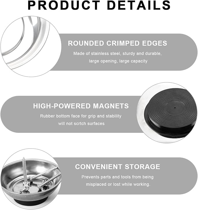 2 PCS Magnetic Parts Tray Set, Stainless Steel 3" Round Magnetic Bowl Trays for Mechanic's, Magnet Tool Parts Tray for Screws, Bolts, Nuts, Washers, Pins, Metal Parts