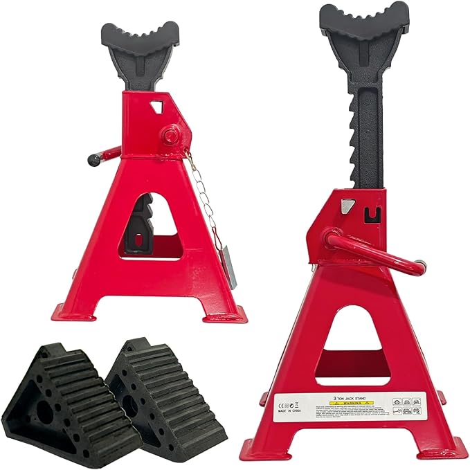 HENBOW Jack Stands，3 Ton Jack Stands with Solid Wheel Chocks，6600lbs Capacity,11"-16.33" Adjustable Car Lift Stands with Double Pin Locking,Black,1 Pair，Red