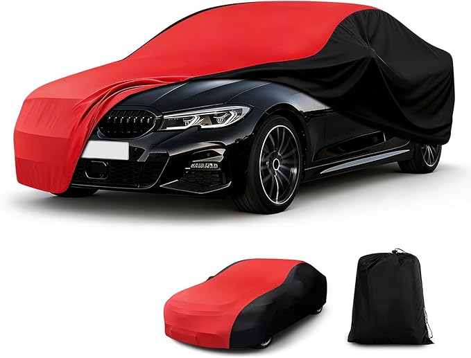 Indoor Car Cover, Universal Stretch Satin Windproof Dust Protection for 181-197 Inch Cars, Breathable Soft Full Cover with Storage Bag for Underground Garage, Car Show, Red & Black