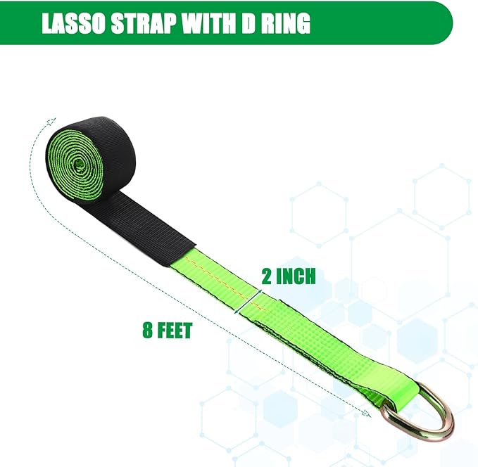 8 Pack Lasso Tow Truck Straps with D Ring 11, 000 Lbs Break Strength D Ring Auto Tie Down Wheel Lift Trailer Strap for Hauling Utv SUV Wrecker Rollback (2" X 8ft,Green)