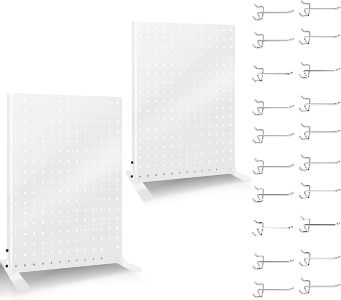 2PCS Pegboard Display Stand with 20 Hooks for Craft Shows, Metal Jewelry and Key Ring Retail Display Racks for Selling Accessories, Retail Stores, Vendors & Events, White