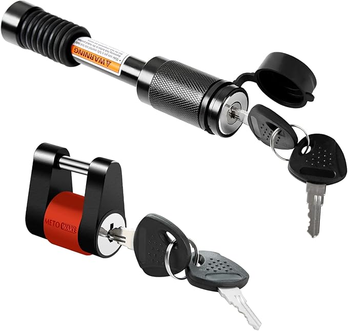 METOWARE Keyed Alike Trailer Lock Set, 5/8" Hitch Pin (3-1/2" Usable Length) for 2 & 2.5" Receivers (Class III IV V) & 1/4" Coupler Lock with Red Rubber Ring, Anti-Theft Towing Security, 4 Keys