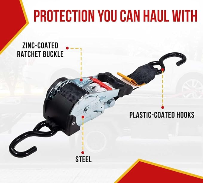 Mytee Products (8 Pack) 2" x 10' Auto Retractable Ratchet Straps with Coated S Hook