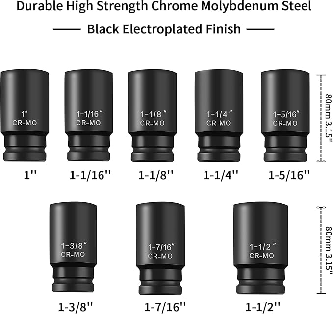 3/4 Inch Drive Deep Impact Socket Set,6-Point,SAE(1"to 1-1/2"),8 Pcs,Cr-Mo.Heavy Duty Impact Socket Set.