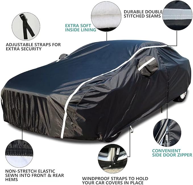 Car Cover Waterproof All Weather, Coverado Soft Cotton Backing Full Exterior Covers with Zipper Door Snow Wind Sun UV Hail Protector Outdoor Car Cover Universal Fit for 170-190 inches Length Sedan