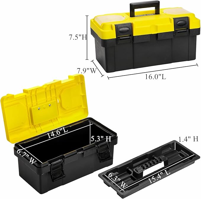 Cididu 16 Inch Plastic Tool Box with Handle, Portable Toolbox with Removable Tray and Lockable Design, Heavy Duty Toolbox Organizer with Small Parts Box for Household Workshops Garages, Black Yellow