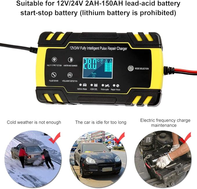 Automatic Smart Battery Charger Car 12V/24V | Pulse Repair Charger with LCD Display | Intelligent Mode Overvoltage Protection Temperature Monitoring for Car, Truck, Motorcycle, Boat, SUV, ATV