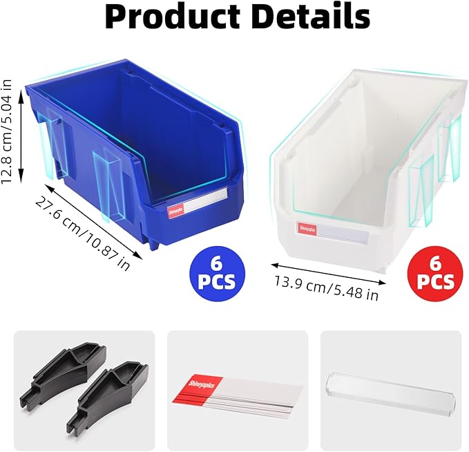 Stackable Storage Bins 12 Pack (11x5x5 Inch), Plastic Stackable Storage Organizer Bins Wall Mounted Hanging Small Parts Bin for Garage, Workbench & Office (Blue & White)