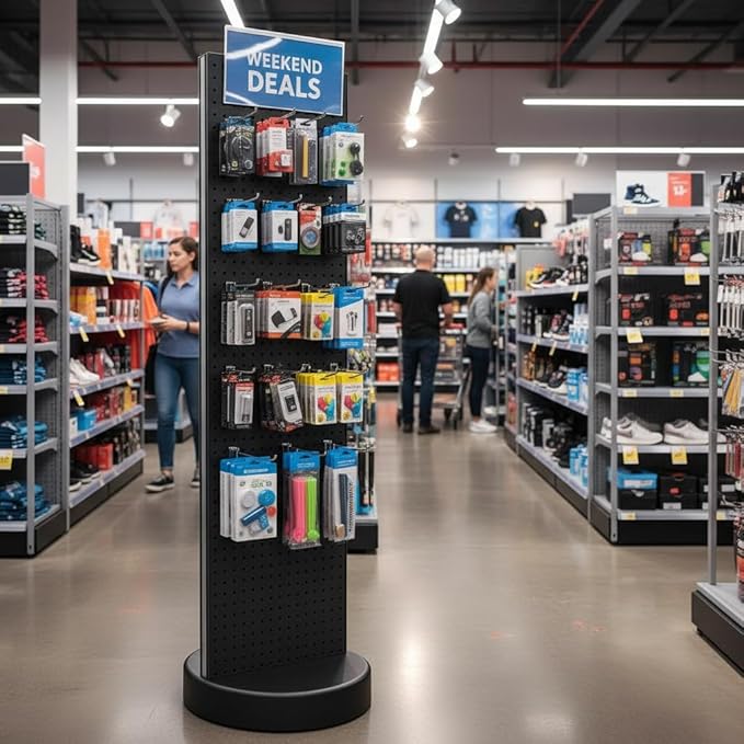 Azar Displays 700780 TWO-SIDED PEGBOARD FLOOR DISPLAY W/C-CHANNEL SIDES ON REVOLVING ROUND STUDIO BASE. PANEL SIZE: 16"W X 60"H, (Black Midnight)