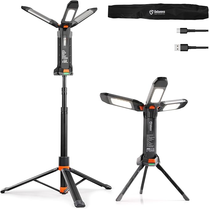 gogonova 2026 Rechargeable Work Light with Stand, 4 in 1 Cordless Camping Light, 700/1200/2200 Lumens, 4000/6500K Dimmable LED Work Lamp with Detachable Tripod（Grey）