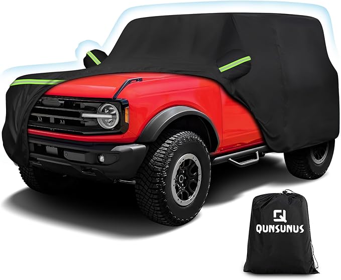 QUNSUNUS Car Cover for Bronco 2 Door/Sport 2021-2025, Waterproof Bronco Car Covers with Cotton Lining, All Weather Cover with Straps and Zipper for Wind, Sun and Dust Protection