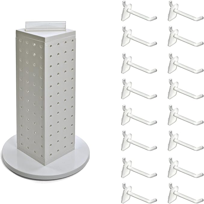 Azar Displays 700220-WHT-2W16 Four-Sided 4”W x 12” Revolving Pegboard Tower Kit Counter Display with 16-Pack of 2 inch Locking Hooks, White