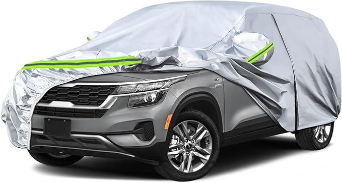 Waterproof Car Covers Replace for 2020-2025 Kia Seltos, 6 Layers Silver All Weather Car Cover with Zipper Door & Windproof Bands for Snow Rain Dust Hail Protection