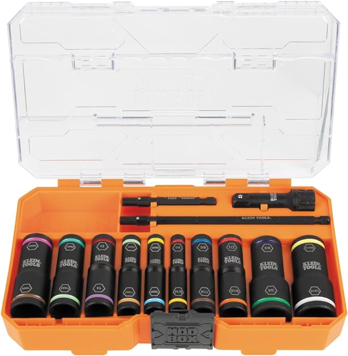 Klein Tools 65239 KNECT Flip-20 Deep Impact Socket Set, 20 SAE and Metric Sizes with MODbox Case, Heavy Duty Flip Sockets with 1/4 and 3/8-Inch Adapters