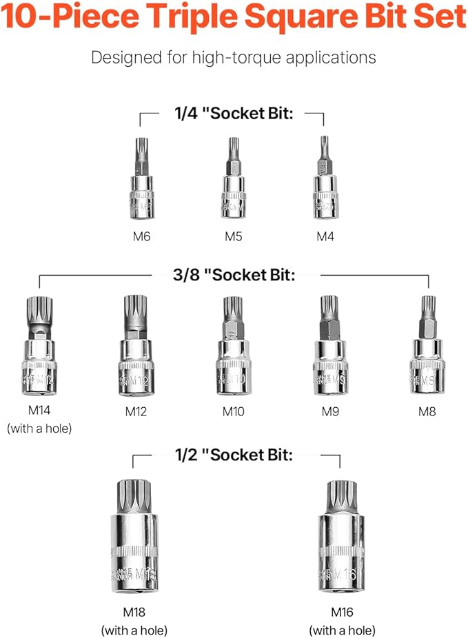 VEVOR XZN Triple Square Spline Bit Socket Set, 10-Piece M4 - M18, Premium Cr-V Steel, 1/4 in, 3/8 in, and 1/2 in Drives, with Enhanced Storage Case, Triple Square Socket Set for Hand Use, Automotive