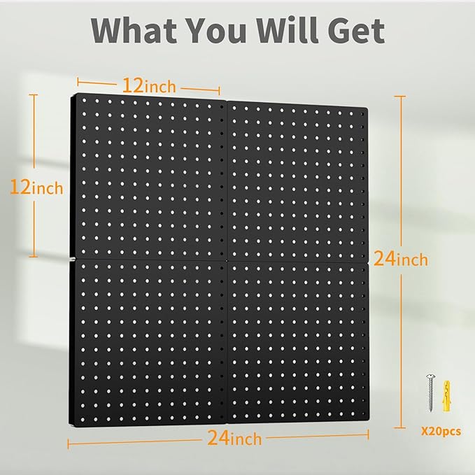 Peg Board, 4PCS Metal Pegboard, Heavy Duty Pegboard Wall Organizer with Frame. Black Pegboard for Walls, Garage, Workbench, Craft Room Tool Organization, Metal Pegboard Panels 12in*12in