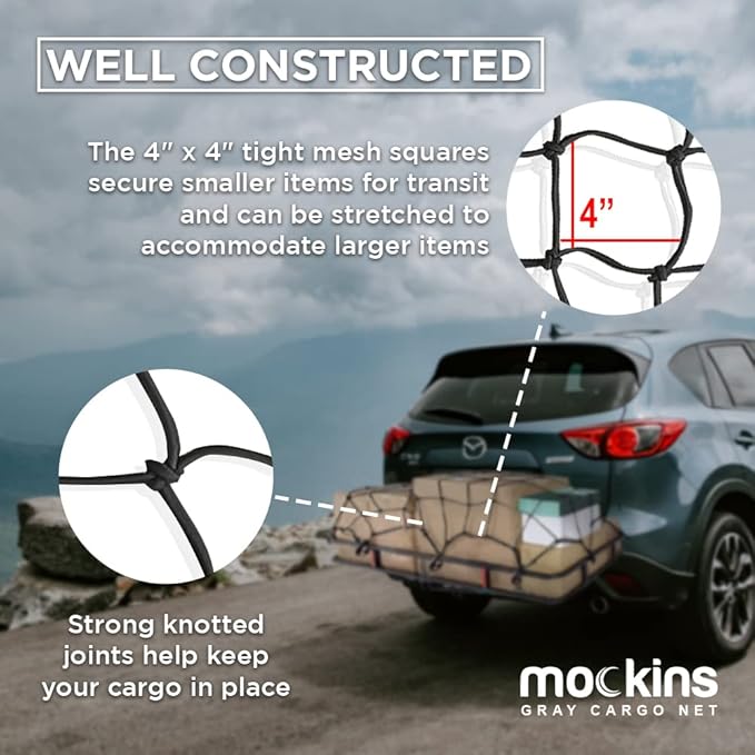 Mockins Black Heavy Duty 20.8" X 36.8" Bungee Cargo Net Stretches to 45" X 75" The Cargo Carrier Net Comes with 10 Hooks and can be Used with Any Car or Van SUV and Truck