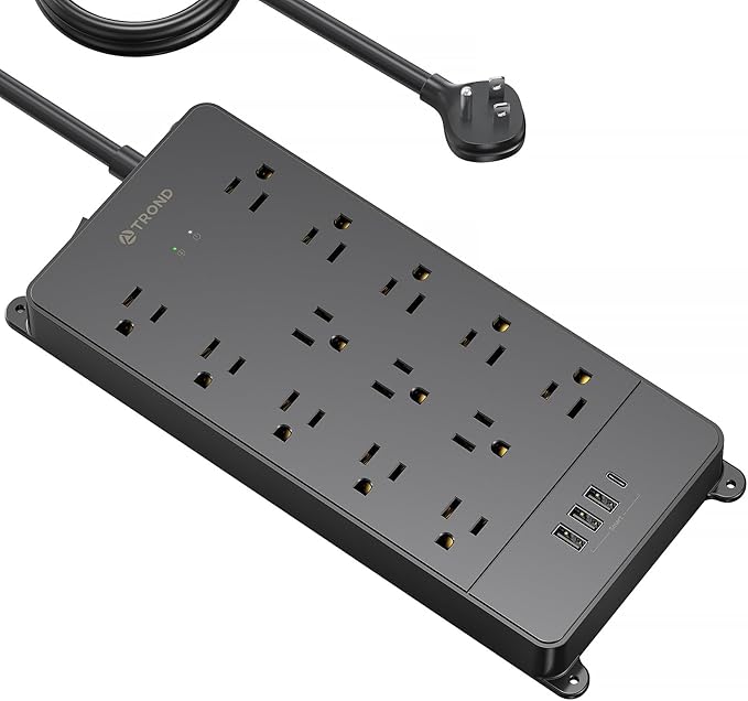 TROND Surge Protector Power Strip 15 ft Cord - Long Extension Cord, 13 Widely-Spaced Outlets Expansion with USB C Ports, 4000 Joules, Flat Plug, Wall Mount, ETL Listed, Office Desk Accessory, Black