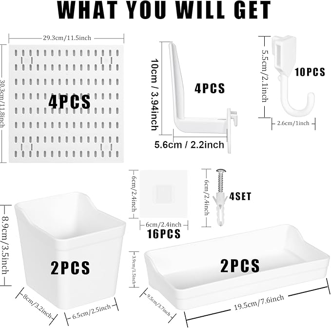 Dualshine Premium Pegboard Combination Kit, White Pegboard Wall Organizer with 4 Small Plastic Panels and 38 Accessories, Ideal for Craft Room, Bathroom, Nursery Storage, and Office (22"*22")