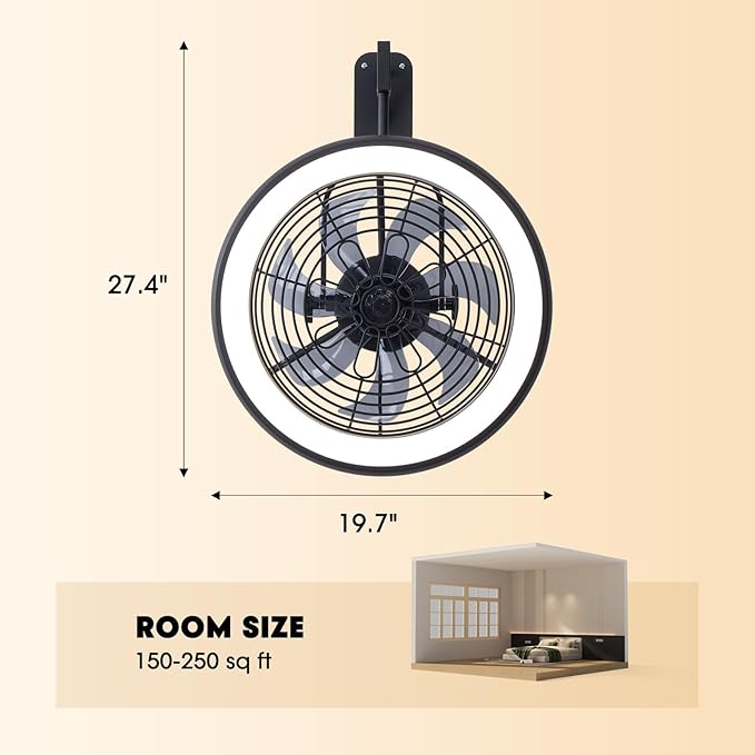 Wall Mounted Fan with Lights, 20” Wall Mount Fan with Remote, 6 Speeds Plug in Wall Fan, Reversible, 3CCT, Dimmable, Noiseless, 360°Adjustable Tilt for Workshop, Patio, Home