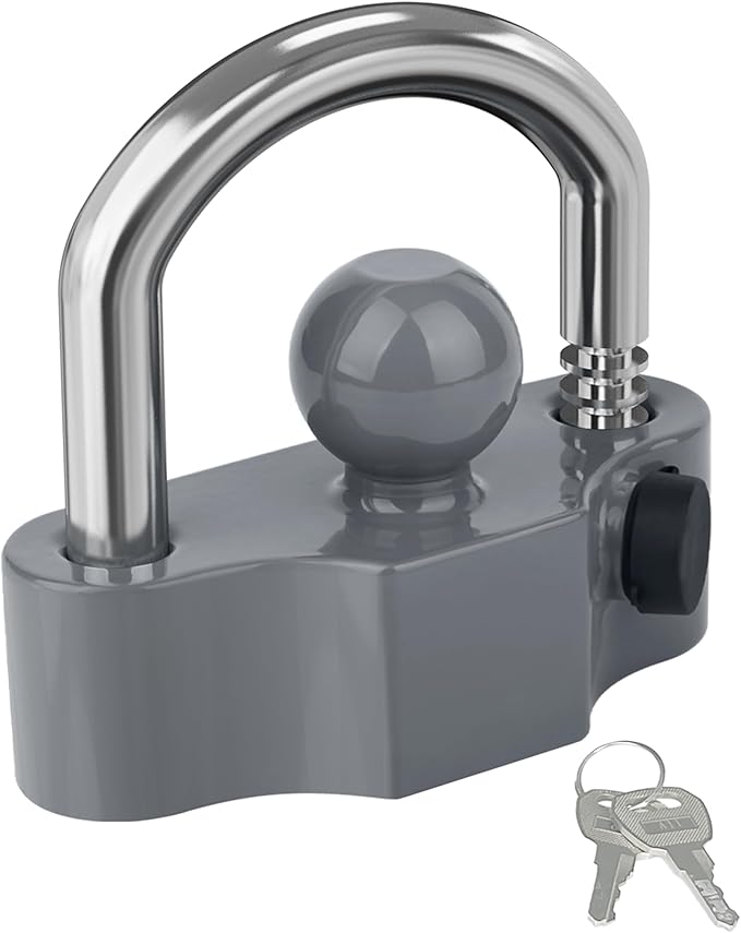 DEEAGLE Trailer Ball Coupler Lock, Heavy Duty Trailer Ball Hitch Lock Fits 1-7/8 Inch, 2 Inch, 2-5/16 Inch Couplers, Hitch Lock with Keys, Grey