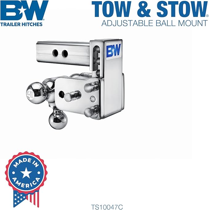 B&W Trailer Hitches Chrome Tow & Stow Adjustable Trailer Hitch Ball Mount - Fits 2" Receiver, Tri-Ball (1-7/8" x 2" x 2-5/16"), 3" Drop, 10,000 GTW - TS10047C