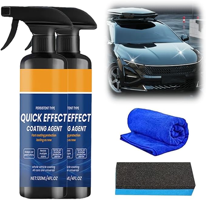 Car Coating Spray, Quick Effect Coating Agent, Oil Film Emulsion Glass Cleaner, Polish Spray Waterless Wash Wax for Scratches (2PC+Sponge+Cloth)