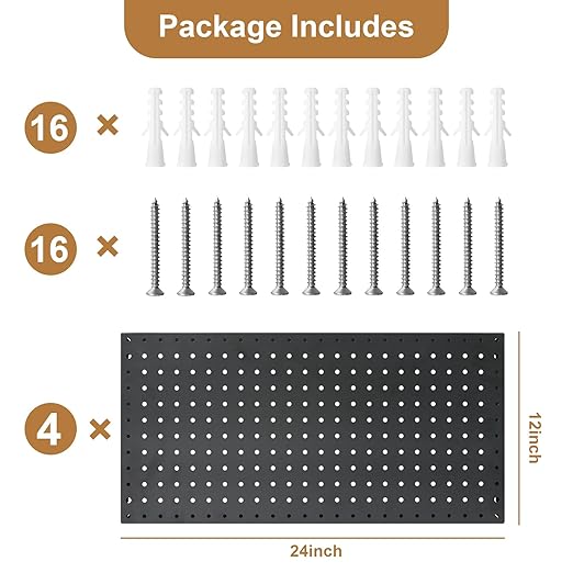 NectaCol 4 Packs 24"x12" Pegboard Wall Organizer, Metal Pegboard Panels Tool Organizer, Pegboard Storage System for Shop, Workbench, Black Metal Peg Boards for Walls