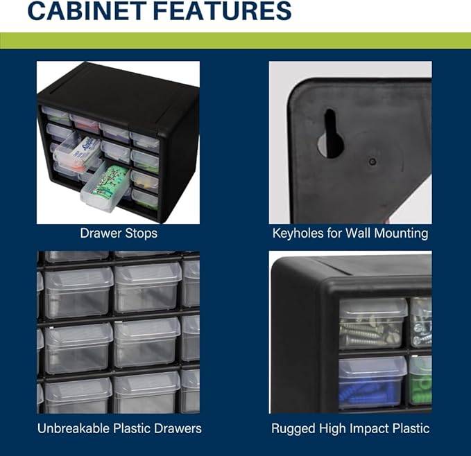 Akro-Mils 16-Drawer Plastic Storage Cabinet | 10-1/2 x 6-1/2 x 8-1/2 Inch | Black | Model 10116 | Garage Organization