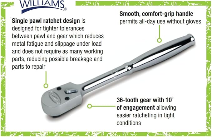 Williams JHWS-52EHA 1/2-Inch Drive Enclosed Head Ratchet with Chrome Finish, Single Pawl Ratchet Design, 36 Tooth Gear Engagement - 10-1/4 Inches