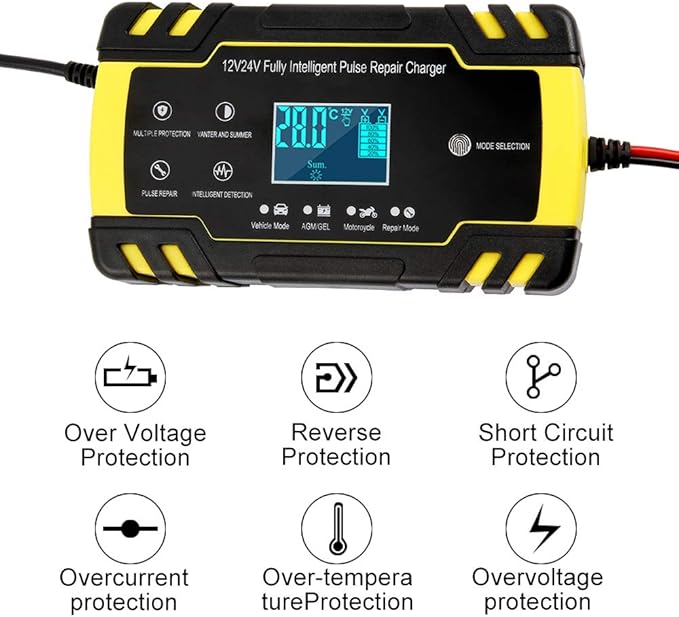 Automatic Smart Battery Charger Car 12V/24V | Pulse Repair Charger with LCD Display | Intelligent Mode Overvoltage Protection Temperature Monitoring for Car, Truck, Motorcycle, Boat, SUV, ATV