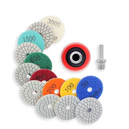2 Inch Diamond Polishing Pads with 7Pcs Dry Wet Granite Stone Polish Pad Kit for Drill，50-3000 Grit Polishing Pad (7Pcs Dry/Wet Pads+1 Drill Adapter)