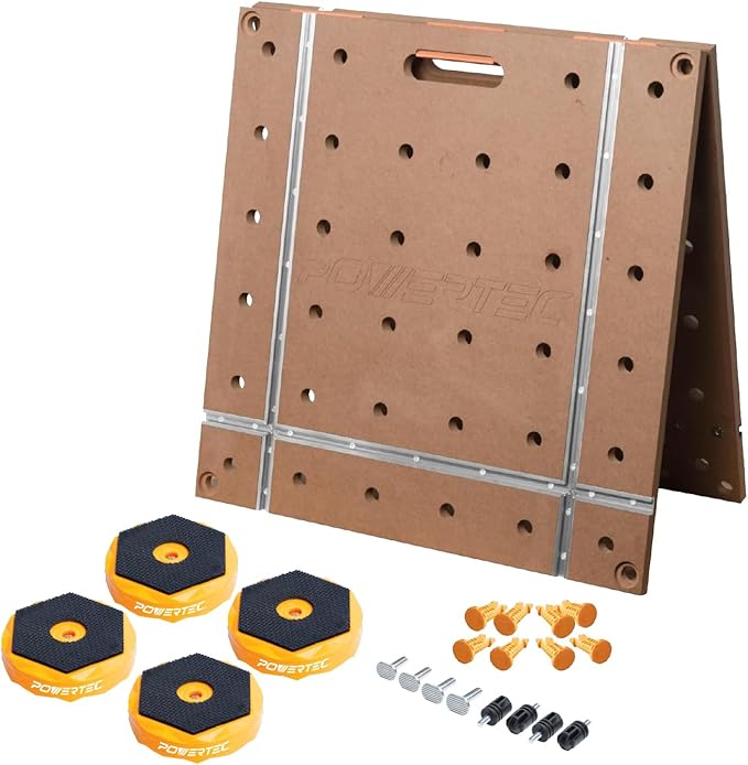 POWERTEC 72304 Arachni Flex 24" x 48" Foldable Workbench Tabletop w/4PK Bench Dog Puck - Portable Work Surface w/Pre-drilled Dog Holes, T-Tracks & Quick-Insert Locks for Woodworking