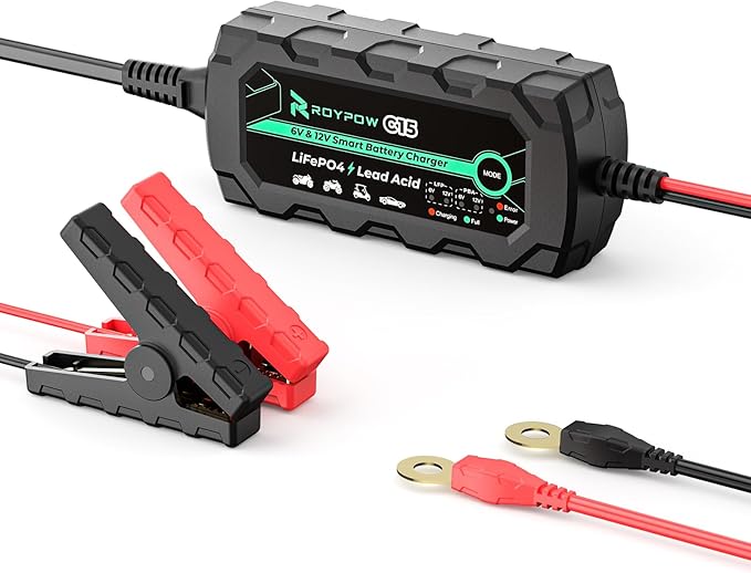 6V/12V 1A Lithium Battery Charger, RoyPow 1A Smart battery Chargers Automatic Trickle Battery chargers Battery Maintainer for Motorcycle, Car, ATVs, Lawn Mower, Lead Acid Batteries & Lithium Batteries