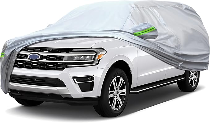Full Car Cover Universal 6 Layers Outdoor Thicked All Weather Cover, Sunshield, Waterproof, Snow Proof, UV Proof, Scratch Proof, Bird Droppings, 6 Reflective Strips, Fits SUVs up 205"-216"