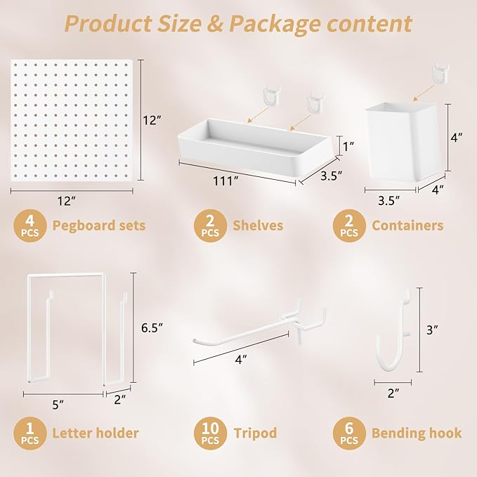 FZK Peg Board, 25pcs PegBoard Wall Organizer, 12in*12in, Includes 4 White Pegboard and Accessories, Plastic Pegboard for Room, Office, Craft Room, Kitchen and Bathroom