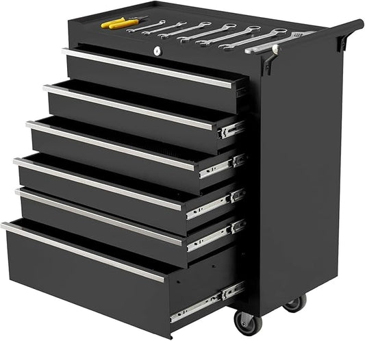Rolling Tool Box with Wheels, 6 Drawer Tool Storage Cabinet, Portable Toolbox Organizer with Lock, Heavy Duty Tool Chest Cart for Garage, Mechanic, Workshop, Shop, Mobile Tool Organizer, Black