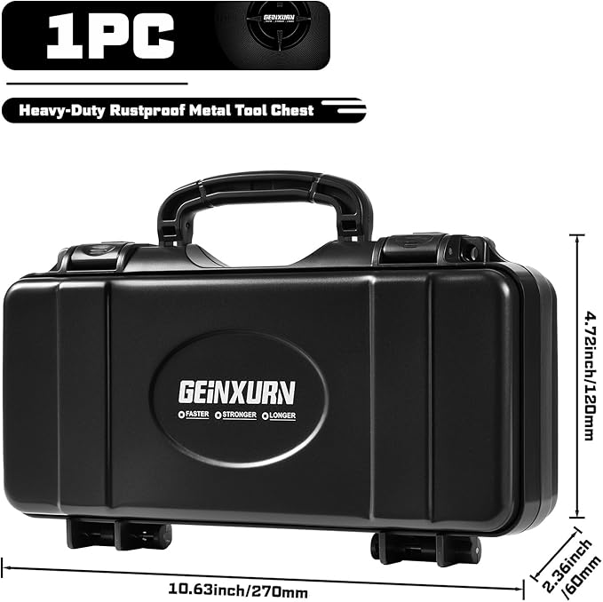 Geinxurn 11”Black Tools Box, Portable Steel Heavy-duty Tool Case with Safety Latch and Handle for Tools Storage and Organizers, Home DIY
