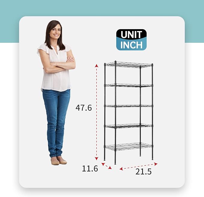 BestOffice Adjustable NSF-Certified Metal Shelf Wire Shelving Unit Storage for Small Places Restaurant Garage Pantry Kitchen Garage Rack (Black, 21.5L x 11.6W x 47.6H)