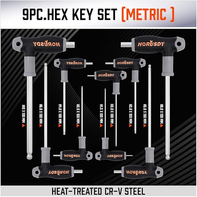 HORUSDY 18-Piece T-Handle allen wrench set, Inch/Metric Long Arm Ball End Hex Key Wrench Set, MM(1.5mm-10mm) SAE(1/16"-3/8")
