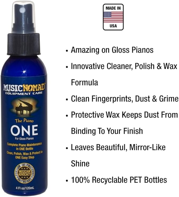MusicNomad MN130 Piano ONE All-In-1 Cleaner, Polish, & Wax for Gloss Pianos, 4 oz