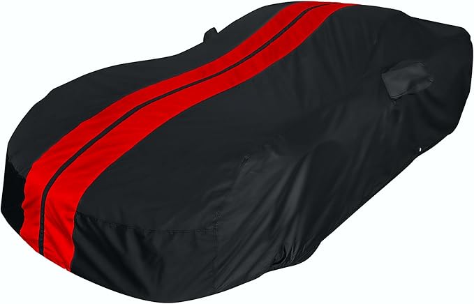 SR1 Performance USA C6 Corvette Car Cover Custom Fit Outdoor/Indoor UV Rain Protection - Ultraguard Plus 300 Denier High End for 2005-2013 C6, Z06, Grand Sport, ZR1 Corvettes (Black with Red Stripes)