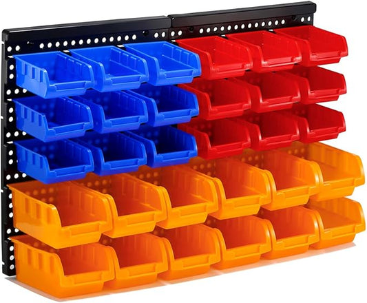 30-Bin Wall Mounted Storage Bins Kit, Tool Organizer Rack, Garage Hardware Organizer, Parts Storage Bins, DIY Combination(Red & Blue & Orange Type)