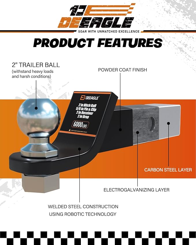DEEAGLE 2 in Ball Hitch, Heavy Duty Steel Receiver Hitch with 3.5” Hitch Pin Lock, Fits 2 in Receiver, 7500lbs, 2 in Drop, Include Pin Lock