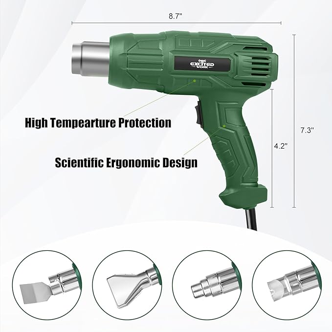 Excited Work 1500W Heat Gun, Fast Heat Hot Air Gun Kit with 662℉ & 1022℉ Dual-Temperature Settings, 4 Nozzles for Shrink Wrapping, Stripping Paint, Resin, Crafts
