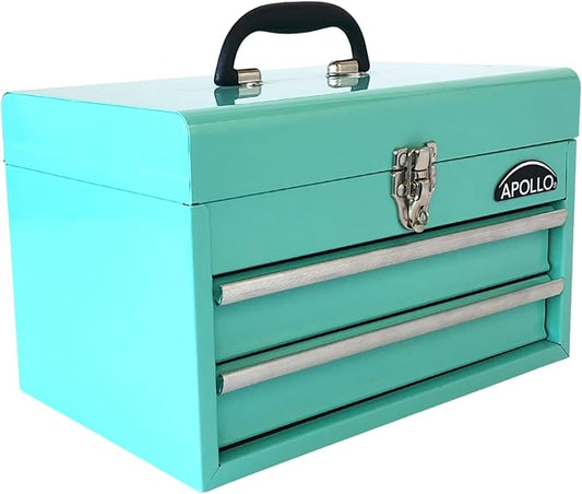 Apollo Tools 14 Inch Steel Tool Box with Deep Top Compartment and 2 Drawers in Heavy-Duty Steel With Ball Bearing Opening and Powder Coated Finish - Aqua Green - DT5010-GR