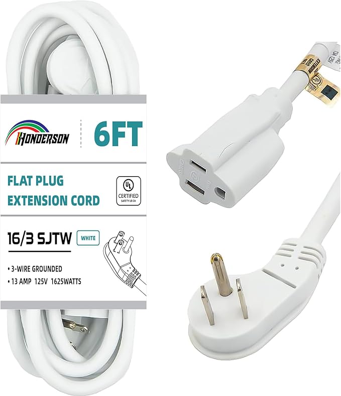Flat Plug Indoor Extension Cord, UL Listed, 16 Gauge 6FT White 3 Prong Heavy Duty, 16/3 SJTW 13A Power Cord for Lights, Appliances, Home