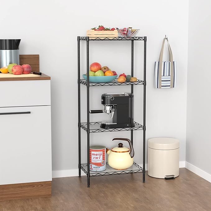 BestOffice 4-Shelf Adjustable Storage Shelving Unit Metal Rack Wire Shelf 600Lbs Capacity with 4 PP Sheets 18L x 12W x 44H for Laundry Bathroom Kitchen Garage,Black