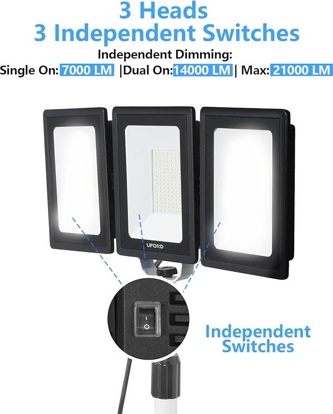 UFOND 21000 Lumens LED Work Light with Stand, 3-Head Foldable White Worklight with Separate Switches, Telescoping Tripod 10Ft Cord, Waterproof Job Site Light, for Garage Construction Camping