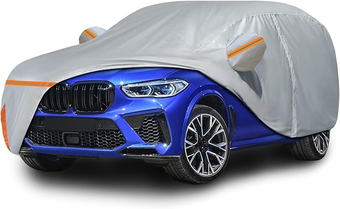 Car Cover for 2007-2025 BMW X5, Waterproof Custom-fit All Weather Sun Rain UV Dust Snow Protection Windproof Outdoor Car Cover with Door Zipper and Cotton Lining-Gray
